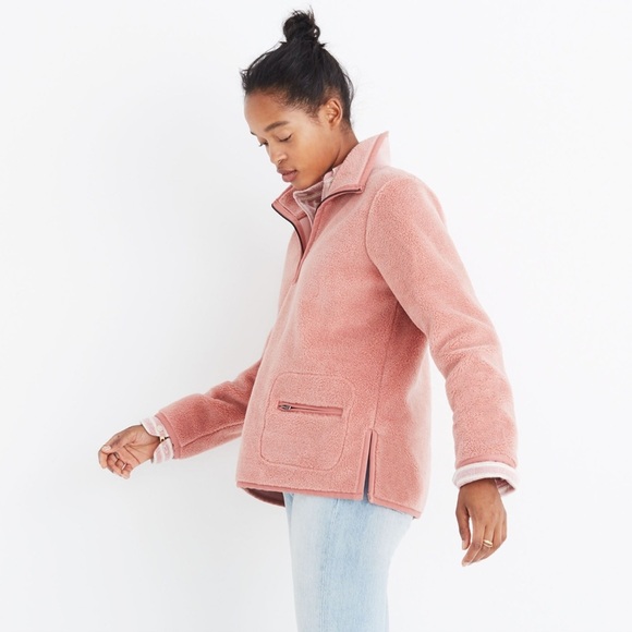Madewell Women’s Pink Sherpa Popover Quarter Zip Pullover Sweatshirt Dusty Pink - Picture 2 of 12